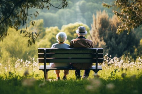 Retired husband and wife sitting on the bench watching the green view